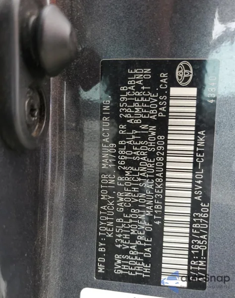 2010 Toyota Camry Base from USA, damaged, VIN 4T1BF3EK8AU082908